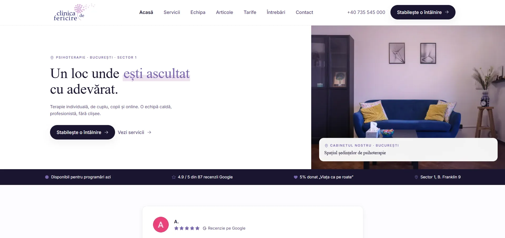 Captură din site-ul Clinica de Fericire